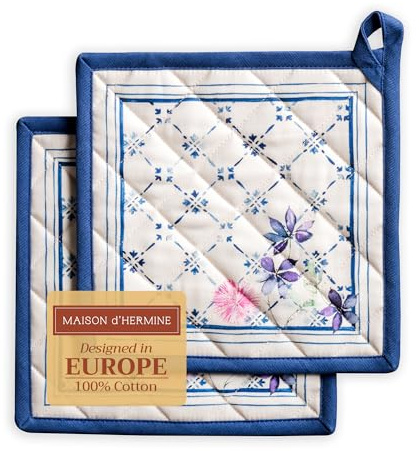 Maison d'Hermine Topflappen-Set, 100% Baumwolle (20 cm x 20 cm, 2er-Pack) | Hitzebeständig mit Schlaufe zum Grillen Backen Anfassen heißer Pfanne, Frühjahr Sommer - Faience