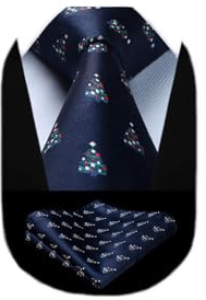 HISDERN Navy blau Weihnachts Krawatte für Herren Bäume Muster Xmas Party Festlich Krawatten & Einstecktuch Set Mode