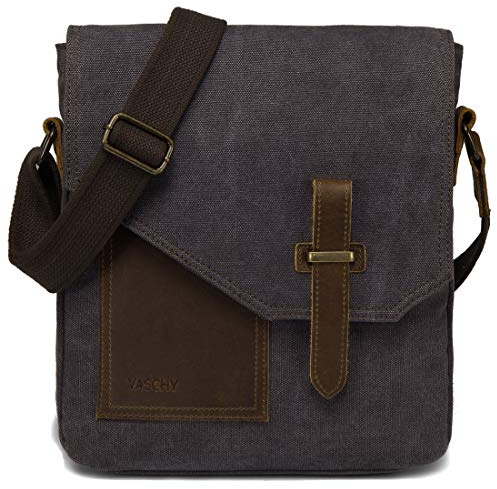 VASCHY Bolso Hombre,Bolso Bandolera Mujer Pequeño Bolsa Mensajero Vintage Bolsos de Hombre Casual Piel Lona Bolsos Messenger Bag para Escuela Trabajo Viajes Gris