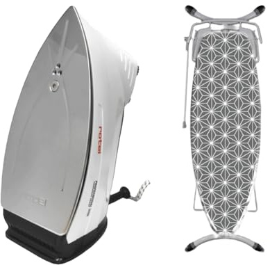 Rotel Professional extra Original Dampfbügeleisen mit hochwertiger Edelstahlsohle inkl. Bügelbrettbezug / 800W / isolierter Tank 300ml (Bügeleisen Schwarz + Bügelbrettbezug Sterne