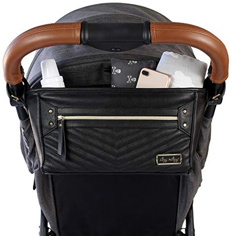 Itzy Ritzy Adjustable Stroller Caddy / Organizer - Stroller Organizer Bag Featuring Front Zippered Pocket, 2 Built-In Interior Pockets & Straps to Fit Nearly Any Model (Black with Gold Hardware)