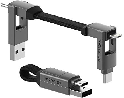 InCharge Rolling Square 6 Schlüsselanhänger Mit USB-C-Kabel, Universal-Smartphone-Kabel, Geschenk für Männer, Handy-Aufladegerät 6-in-1, Technologisches Gadget, Schwarz, Lightning 15 W