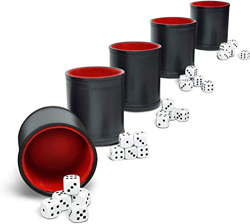 Grinning Gargoyle Professional Dice Cup Set – Five Red Felt Lined Black Shaker Cup - Quality PU Leather - Includes 25 White Six-Sided Dot Dice - Quiet Dice Shaker for Perudo Peruvian Dice Game