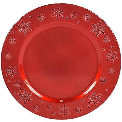 Aurora Store 6 Sottopiatti Bordo Fiocchi di neve Rosso in plastica Rigida Bordo Liscio Tondo 33 cm Natale cenone sotto Piatto Natalizio Capodanno Natale Cena Aperitivo