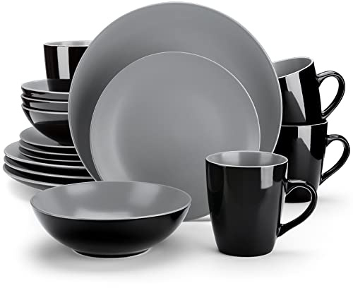 vancasso Lento Dinnerware Set 16 Pieces, Matte Stoneware Dinnerware Set with Dinner Plates, Dessert Plates, Bowls and Mugs Service for 4, Light Grey