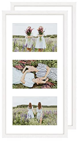Multiple 3 Aperture Photo Frame with Mount for 10 x 15 cm (4 x 6 Inch) Images,White 6x4 Picture Frame Made of Solid Wood with Perspex Front for Wall Mount,Set of 2