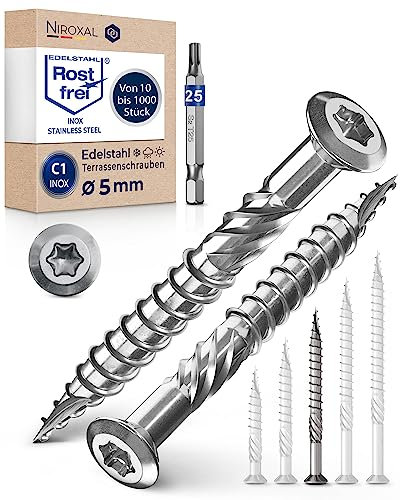 Tornillos de terraza 5x60 de acero inoxidable C1, tornillos de cabeza alomada de 5 mm de diámetro, tornillos de acero inoxidable para 250 unidades, tornillos Torx de 60 mm de largo + 1 broca Torx