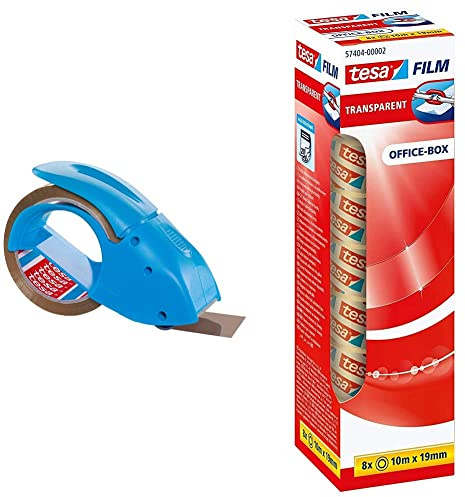 tesapack Abroller Pack' n' Go - ergonomisch, blau - Inklusive Klebeband & film transparent - Transparentes Klebeband mit starker Haftung - alterungsbeständig und reißfest - 10 m x 19 mm - 8er Pack