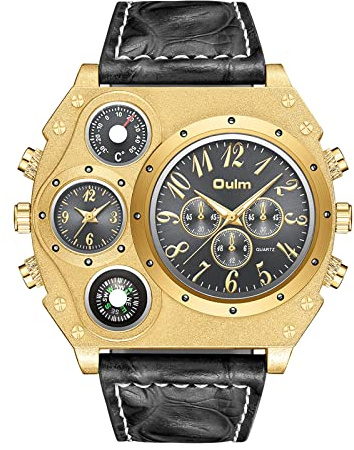 JewelryWe Herren Armbanduhr Analog Quarz Kompass Thermometer Zwei Zeitzonen Sport Uhr mit Leder Armband und großem Digital Zifferblatt Vatertagsgeschenk