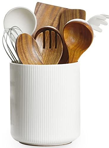 getstar Soporte grande para utensilios de cocina para encimera de cocina (7.2 pulgadas de alto x 6.2 pulgadas de ancho), soporte de cerámica para utensilios de cocina con alfombrilla de corcho (blanco