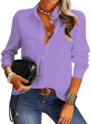 NONSAR Damen Bluse Elegant V-Ausschnitt Hemden Langarm Casual Arbeit Oberteile mit Knöpfen Hemd Lose Langarmshirt Einfarbig Tops