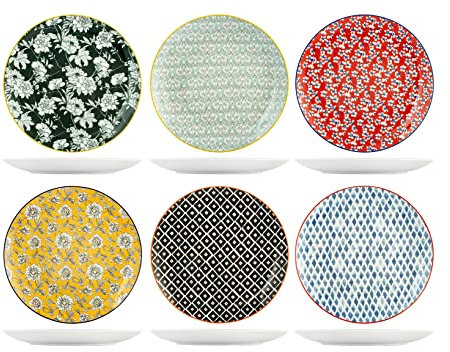 H&H 8045601 Colourful Set 6 Piatti Piani in Porcellana, 27cm, Decori e Colori Assortiti, Moderni ed Eleganti