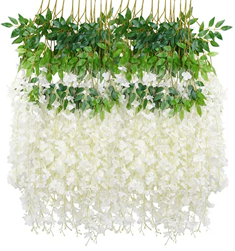 JOFONY 12 Stück Künstliche Glyzinien Blumen,Weiß Glyzinien Girlande Kunstpflanzen,Kunstblumen Hängende Blauregen Seidenblumen Girlande für Hausgarten Hochzeit Dekorationen Party Decor