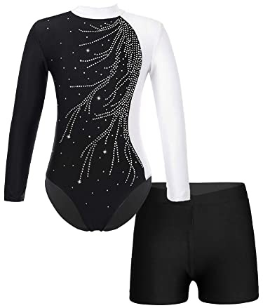 CHICTRY Girls Long Sleeve Gymnastics Leotard Unitard with Shorts 2 Piece Outfits Ballet Dance Bodysuit Biketard Dancewear Type b White 13-14 Years