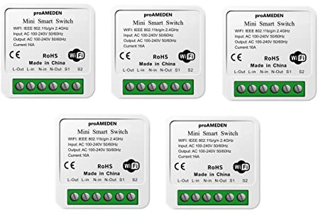 proAMEDEN WLAN Smart-Relais 16A–Unterputz-Lichtsteuerungsmodul zur Umrüstung jedes Schalters auf Smart-Home-Funktion, Tuya/Smart Life kompatibel, App-Steuerung, Zeitpläne, Szenen, Alexa/Google, [5/un]