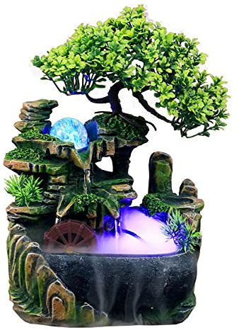 Xshelley Indoor Tabletop Fountains ， Rockery, Water,Fisherman, Plants, Desktop Fountain, atomizing humidifier Fountain, Home Office Desktop Decorations, Automatic Pump with Power Switch