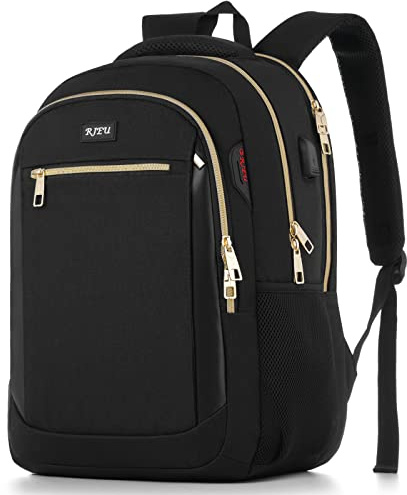 Mochila para ordenador portátil de 15,6 con puerto de carga USB para trabajo, senderismo, viajes, camping, dorado y negro, 15.6