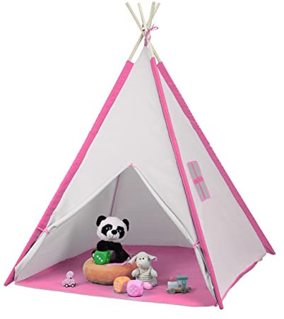 Relaxdays Spielzelt, Tipi Zelt für Kinder, mit Boden, Kinderzimmerzelt, HBT: 154 x 124 x 124 cm, Kinderzelt, weiß/rosa