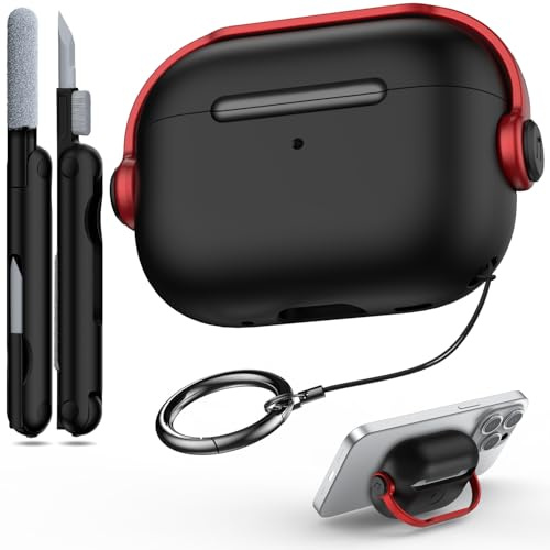 R-fun Schutzhülle kompatibel mit Apple Airpods Pro (2023/2022/2019, 2./1. Gen), (USB-C/Lightning-Kabel), Musik-Kopfhörer-Kopfhörer-Hülle mit Sicherheitsschloss und Reinigungsset,Schwarz & Rot