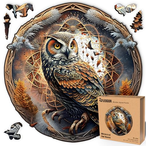 LEOGOR Holzpuzzle für Erwachsene 500 Teile, Whimsical Owl Haven Mandala Eule, 45.7 x 45.1 cm Großes Holz Puzzle Premium Natur Tier Deko, Achtsames Familien Geschenk für Kreativität