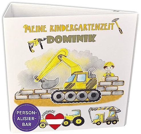 FEENSTAUB Personalisiertes Portfolio für Kinder - Aktenordner mit Bagger Baustelle Motiv - Urkunden Mappe für Kindergarten und Schule