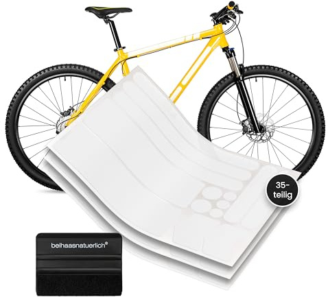 beihaasnatuerlich 35-teiliges Fahrrad Rahmenschutzfolie Set (0,15 mm Dick) – Stark Selbstklebende Lack- & Kratzschutzfolie für Mountainbikes, E-Bikes, Trekking & Rennräder, inkl. Rakel (transparent)