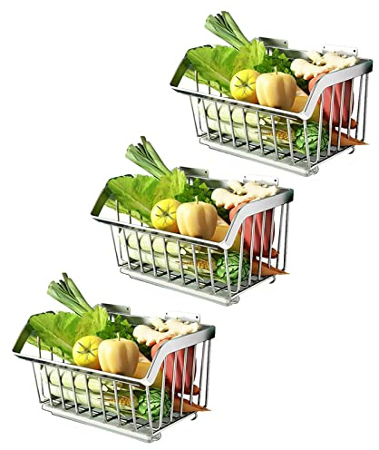 3 Stöckig Obstkörbe, Aufbewahrungskorb, Obst- Und Gemüseregal Aus Rostfreiem Stahl 304, Gemüsekorb for Zwiebeln Und Kartoffeln, Drahtkorb Zur Wandmontage Zum Aufbewahren, Hängender Wandkorb Obst- und