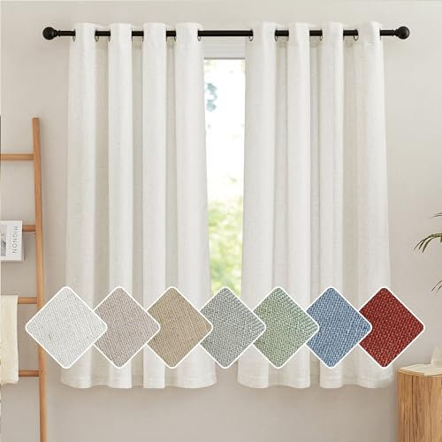 PONY DANCE Leinen Gardinen für Kleine Fenster Boho Vorhänge mit Ösen 2er Set H 137 x B 140 cm Creme, Kurzgardinen Küche Leinenoptik Vorhang Halbtransparent Linen Curtains for Bedroom