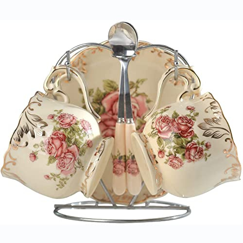 Jiotouhu Tasses et soucoupes avec cuillères et porte-tasse, motif rose vintage rétro en porcelaine anglaise pour thé, café, tasses à thé, tasses à café florales,pour 2 personnes