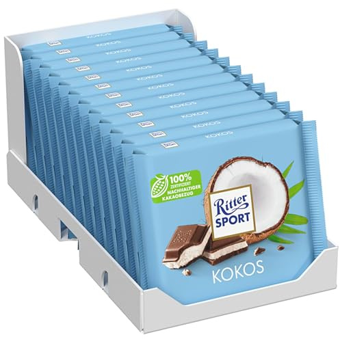 Ritter Sport Kokos, Vollmilchschokolade mit knackiger Kokosfüllung, cremig & exotisch, perfekt zum Naschen und Genießen, Geschenkidee, 12 x 100 g