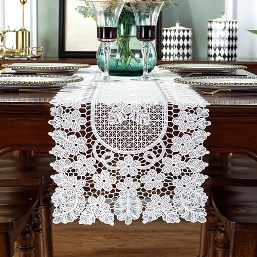 auons Tischläufer Weiße Spitze Kommode Schal Häkeln Oval Blume Tisch Doilies Elegante Tisch Tischsets für Haus Bankett Hochzeit Festival Party Tisch Dekor, 30 x 90 cm