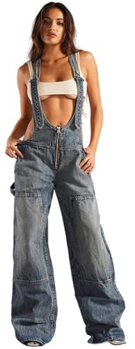 HGKPFGTG Sexy Latzhose aus Denim für Damen, mit Verstellbaren Trägern Jumpsuit für Kurvige Frauen Weites Bein Tief Ausgeschnittener Jeans-Overall