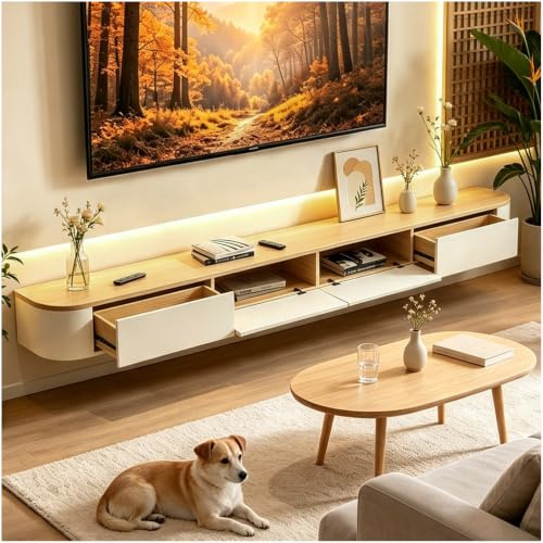 OMGMTSTORE TV-Schrank,Fernsehtisch Hängend mit 2 Schublade,1 Türen,220 cm lang,TV Lowboard für Fernseher bis zu 90 Zoll,TV Tisch,Hängeboard Schwebend,TV Board hängend,für Wohnzimmer,Schlafzimmer