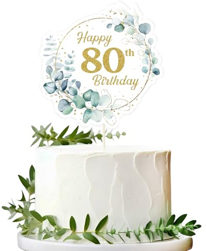 BOOMTOP Torten Deko 80 Geburtstag Happy 80th Birthday Eukalyptus Alles Gute zum Geburtstag 80 Jahre Gold Tortendeko Cake Topper Kuchen Topper Kuchendeko 80 Geburstagstorte Deko Männer Frauen