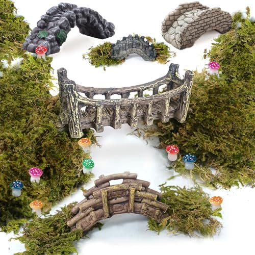 OrgMemory Miniature Bridge with Artificial Grass for Fairy Gardens, DIY Micro Landscape Kit, Figurines Creative Garden Decor Accessories Set