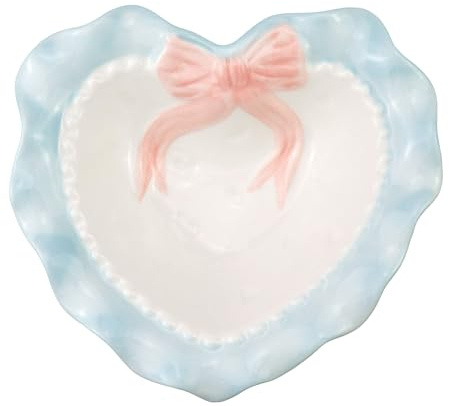 Bitray Ceramic Heart Shaped Cute Bow Soup Bowl Lovely Porcelain Dessert Bowl Pudding Bowl Fruit Salad Bowl (Blue)