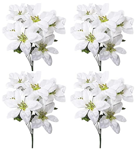 Decoración navideña, arbustos de Pascua artificiales, paquete de 4 unidades, 7 cabezas, flores de Navidad de seda, ramo de flores de Pascua artificiales para Navidad, color blanco