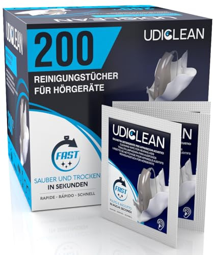 200 feuchte biologisch abbaubare schnell trocknende Udiclean-Hörgeräte-Reinigungs- und Pflegetücher entfernen Fett Schweiß und Schmutz rückstandsfrei