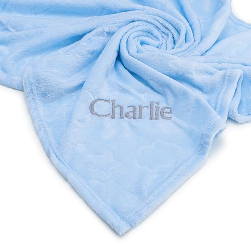 Lobeko Personalised Baby Blanket with Name Custom Newborn Blanket Keepsake Soft Fleece 75 x 100cm Embroidered Baby Wrap Embossed Baby Girl Boy Blankets 4 Colours (Blue)