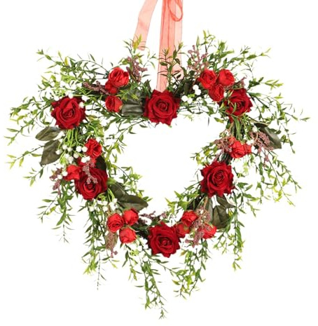 Ghirlanda di fiori a cuore, decorazioni per San con rosse, ghirlanda floreale artificiale per porte per celebrazioni, perfetta corona da 40 cm per San , matrimoni e decorazioni