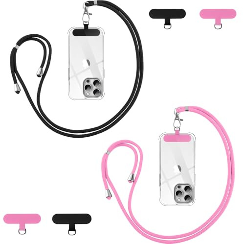 Vauki 2 Pièces Cordon Telephone Portable, Tour de Cou Téléphone Universelle avec 4 Patch, Réglable Amovible Collier Lanière Corde en Bandoulière Compatibles avec Plupart des Smartphones, Noir et Rose