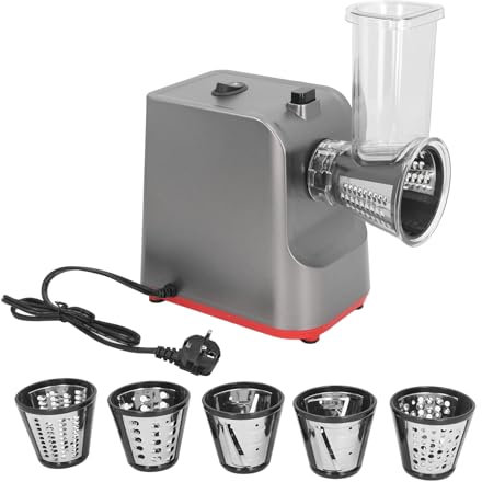 Rallador de Queso Eléctrico, Trituradora de Cocina 5 en 1 con 5 Cuchillas Ensaladora Eléctrica Multiusos para Queso, Patata, Frutas y Verduras (Enchufe europeo 220V)