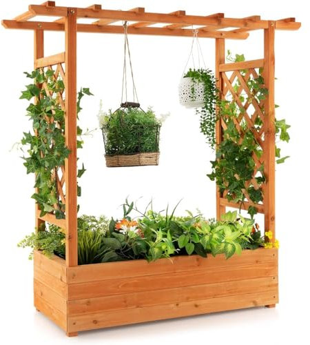 XUJUAN-0227 Flower Stand Outdoor Gardens Planters, Wood Planter Box with Hanging Roof, Side Trellis, Raised Garden Bed with Arch Trellis Plant Shelf