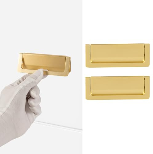 OFOEKV 2pcs Zinc Alloy Flush Mount Cabinet Drawer Handles, Hidden Concealed Furniture Pulls with Screws for Drawers, Cabinets, Closets & Wardrobes (Gold, 3.78/96MM Hole Cente)