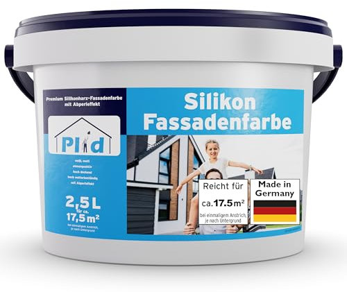 Plid® Silikon Fassadenfarbe Weiss Aussen matt 2,5L - für Beton, Mauerwerk, Kellerwand, Fassade & Sockel - Wandfarbe Weiß 2,5l - Aussenfarbe Weiss wetterfest - Außenwandfarbe - Aussenfarbe Fassade