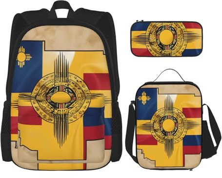 OXKGHHO Juego de mochila de trabajo con estampado de mapa de la bandera de Nuevo México con lonchera aislada, correas ajustables, para gimnasio y uso diario, Negro -, Talla única