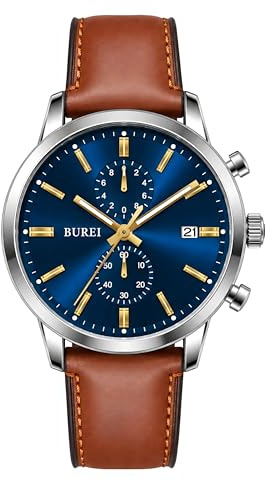 BUREI Herrenuhr Chronograph 44mm – Retro Armbanduhr Herren mit großem Zifferblatt & Lederarmband | Business, Casual, Sport | wasserdicht | Geschenk für Männer