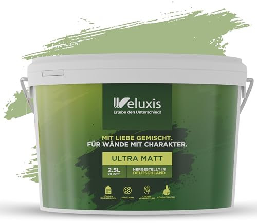Veluxis® Wandfarbe Grün für den Innenraum - 2,5 Liter & Deckkraft-Klasse 1, Streifenfrei, tropfarm & Öko Farbe, VOC-frei - (Green Grape)
