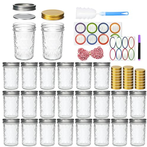 Datttcc 8oz Mason Jars, Canning Jars,Jam Jars forJelly,Honey, Wedding Favors, Food Storage,Kitchen & DIY Gifts, with Lables,Sponge Brush,Pen and Red Hemo Rope,Set of 24