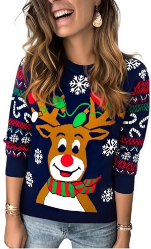 Marvmys Femme Pull Ugly de Noël Bonhomme de Neige Elan Fête Manches Longues Chandail en Tricot Chaud d'hiver Cadeau de Noël Pull en Tricot